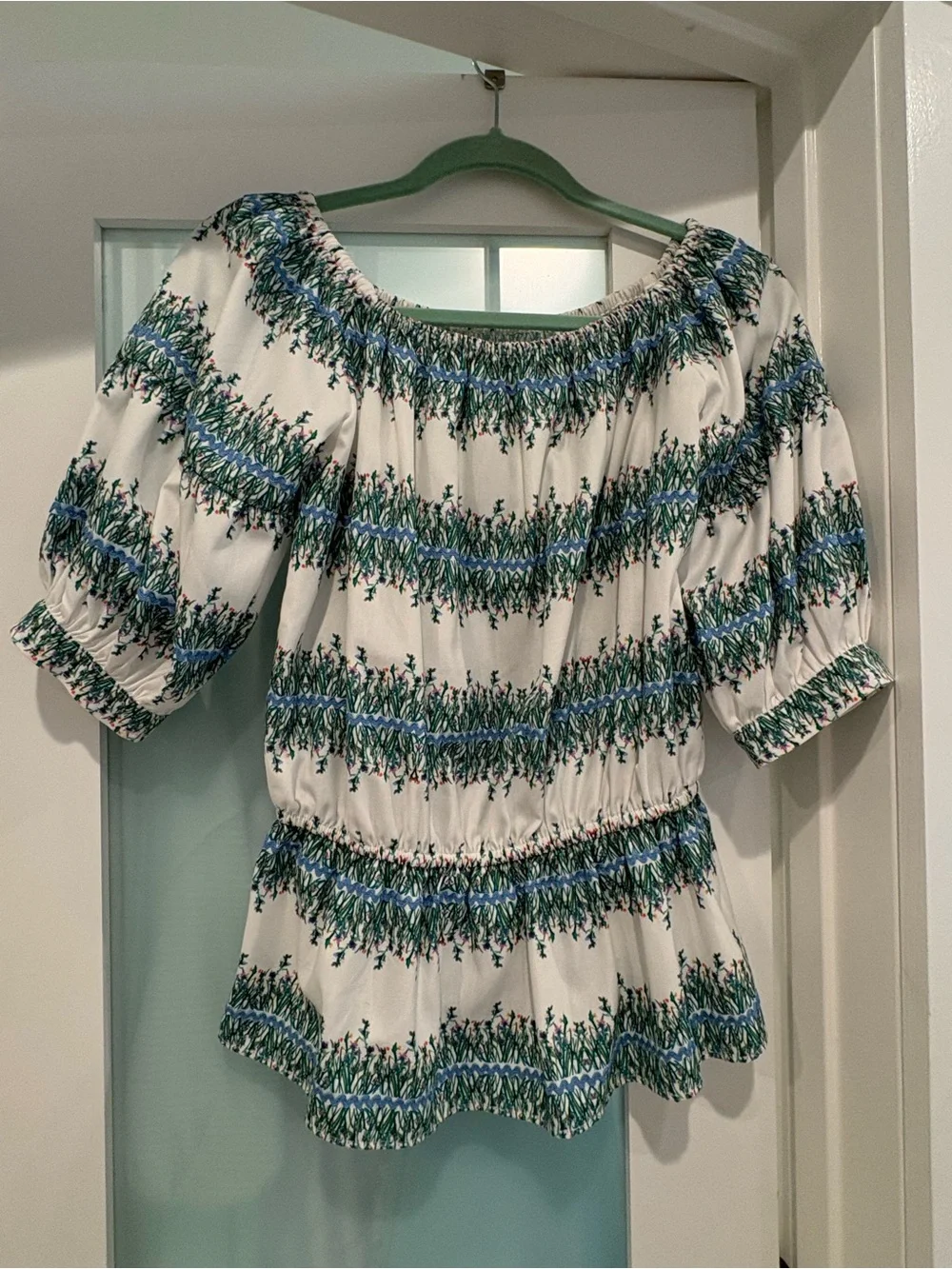 Anthropologie Off-Shoulder Smocked Stripe Top in White and Green